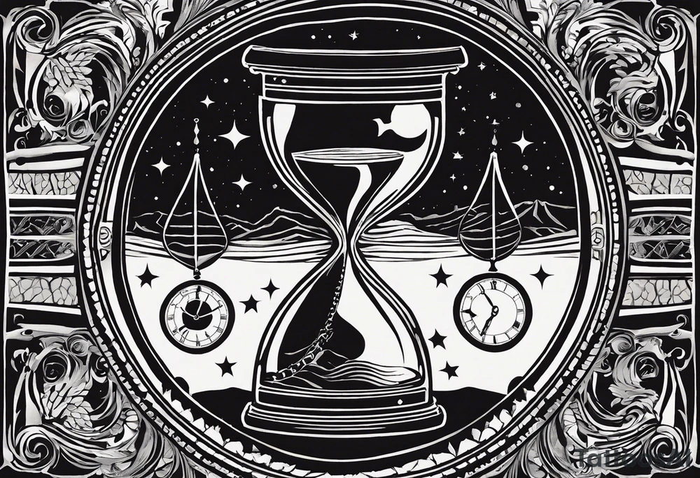 I want a tattoo-inspired design for a t-shirt that features a bold and detailed hourglass with a hand clock in the center, using Amazigh numerals for the clock numbers. The hourglass should have a strong, shaded look, with sharp lines resembling tattoo art. Planets and stars should orbit around the hourglass, giving it a cosmic and timeless feel. The design should be intricate, focusing on the flow of time and the universe, with the planets adding depth and movement. The overall aesthetic should be bold and detailed, in a blackwork tattoo style, without any flowers."black and whit design tattoo idea