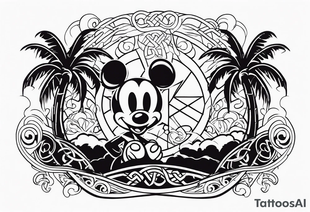 mickey mouse in a lightning storm with palm trees and the celtic symbol for family tattoo idea