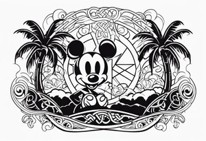 mickey mouse in a lightning storm with palm trees and the celtic symbol for family tattoo idea