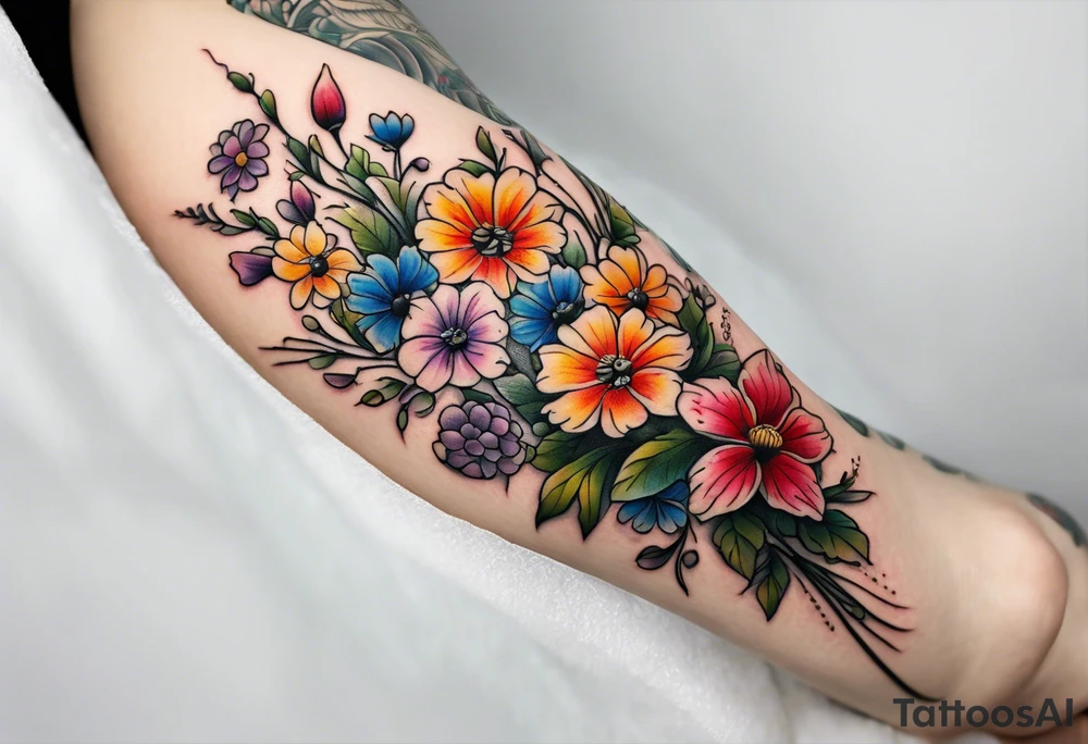 small long stem wildflower bouquet across foot tattoo idea