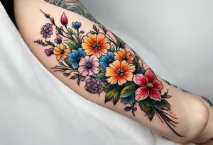 small long stem wildflower bouquet across foot tattoo idea