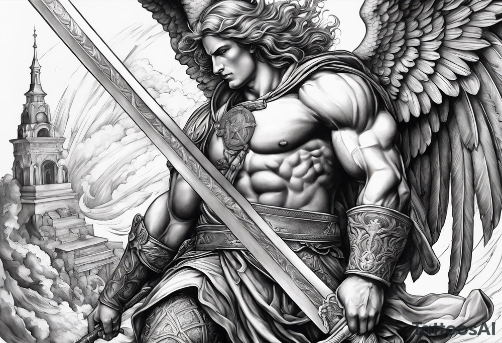 Arm sleeve of St Michael plunging a sword into the devil which is laying on the stairway to heaven. tattoo idea