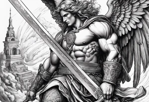 Arm sleeve of St Michael plunging a sword into the devil which is laying on the stairway to heaven. tattoo idea