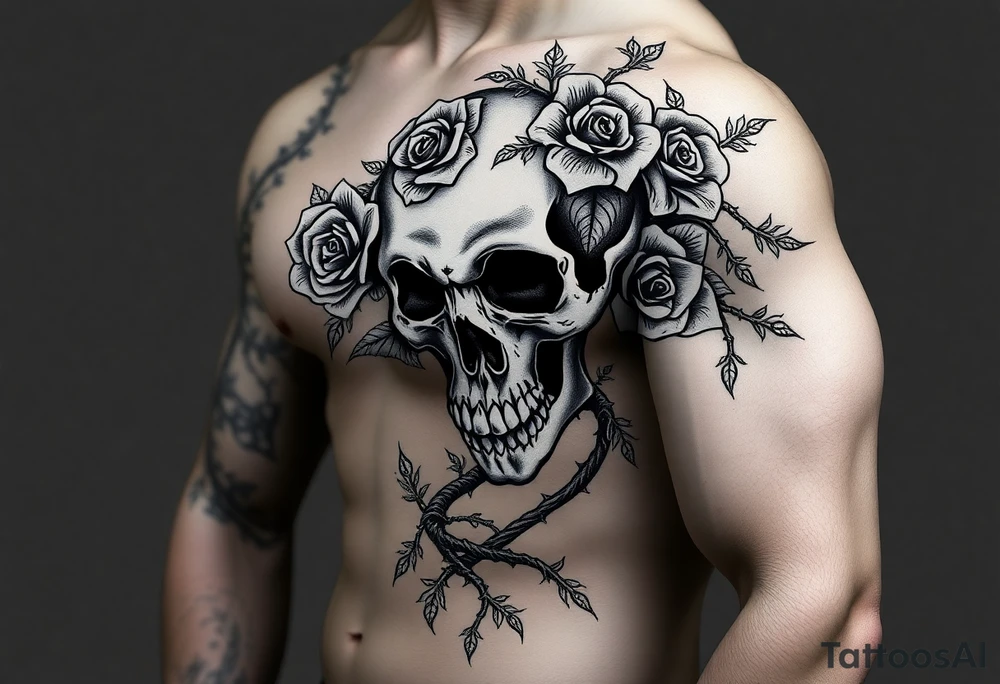 gothic skull intertwined with climbing roses and thorny vines tattoo idea