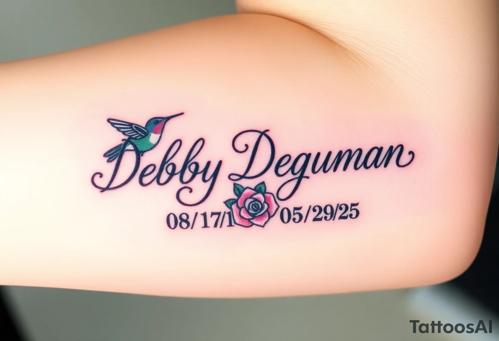 Cursive name Debby Deguzman surrounded by a hummingbird a rose and these dates 08/17/61 - 05/29/25 tattoo idea