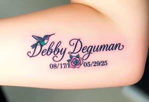 Cursive name Debby Deguzman surrounded by a hummingbird a rose and these dates 08/17/61 - 05/29/25 tattoo idea