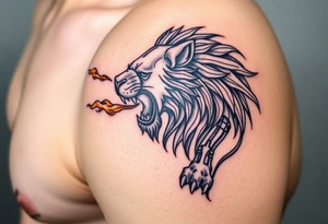 mechanical lion breathing fire tattoo idea