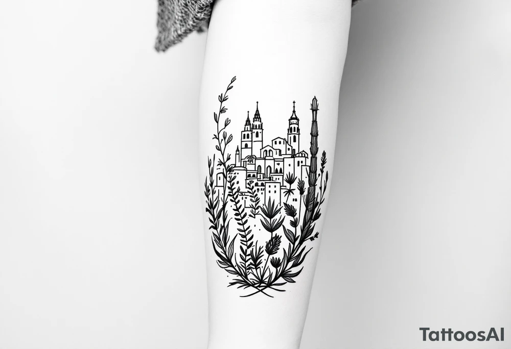 Barcelona cityscape, Spanish plants, leg sleeve tattoo idea