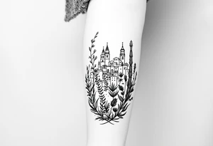 Barcelona cityscape, Spanish plants, leg sleeve tattoo idea