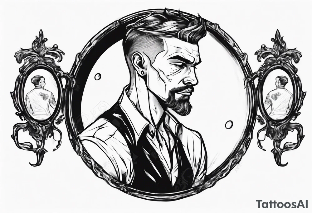 man looking into mirror and seeing his younger self in the reflection tattoo idea