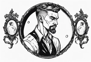 man looking into mirror and seeing his younger self in the reflection tattoo idea