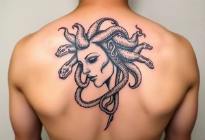 Side portrait of Medusa with snakes heads tattoo idea