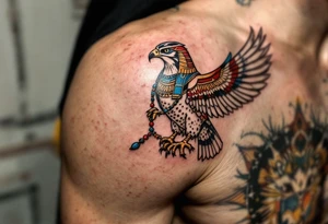 An Egyptian Falcon (Horus) Carrying a Rosary (only red, blue and black are possible colors) tattoo idea