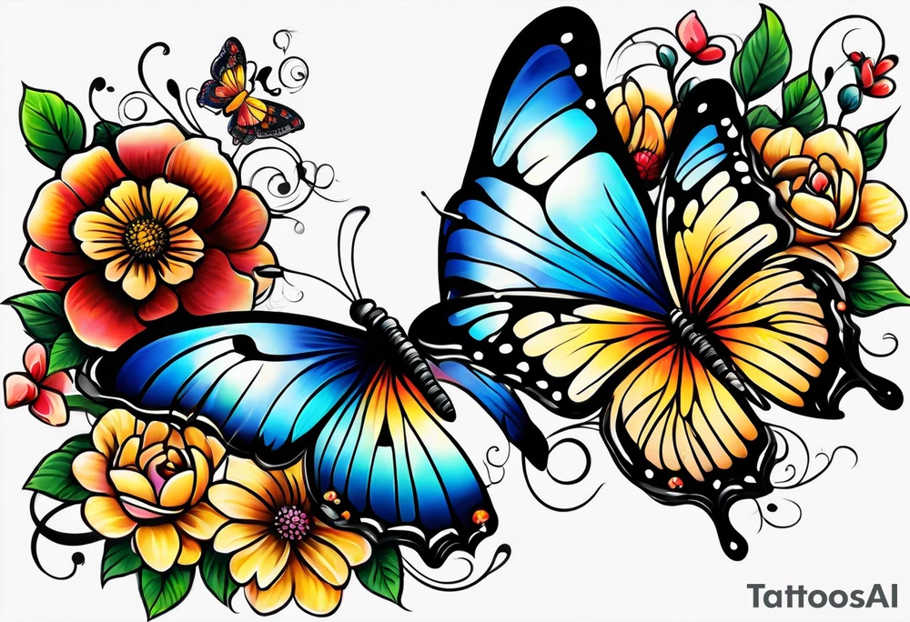 Sleeve with butterflies and colorful flowers tattoo idea