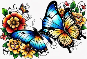 Sleeve with butterflies and colorful flowers tattoo idea