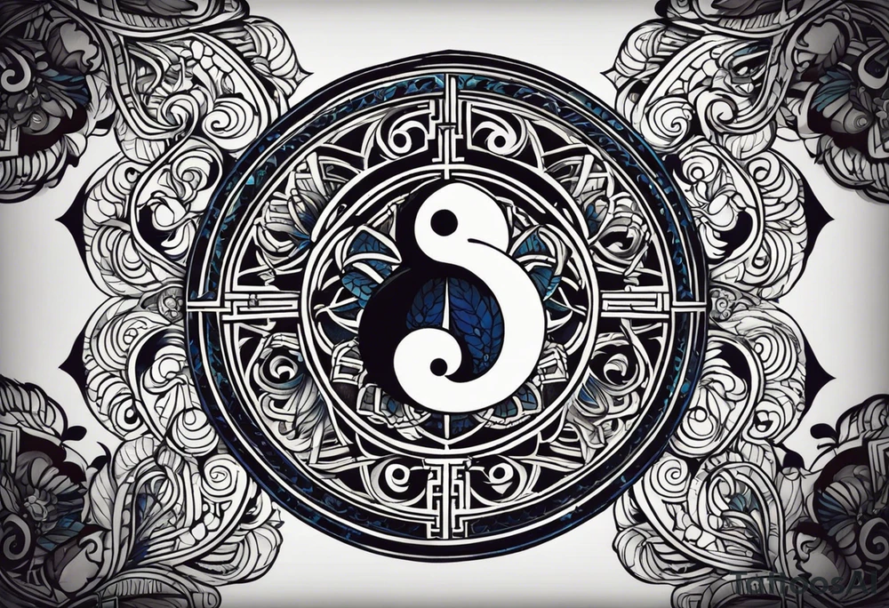 a tattoo whose main theme is balance but also resembles new begining, strong willpower, peace and loyalty. This should be for the front part of the shoulder. maybe add the ying-yang symbol somewhere in the tattoo. Tattoo should have an equal amount of blue and red along with the overall tattoo being black tattoo idea
