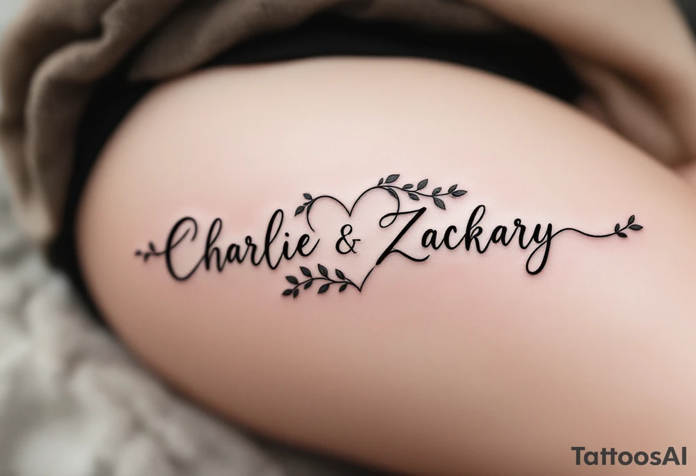 Create a delicate tattoo design that seamlessly integrates the names "Charlie" and "Zackary" in graceful, flowing cursive. Enclose the names within a softly stylized symbol that embodies strength and unity . The overall design should evoke warmth and protection while remaining refined and understated tattoo idea