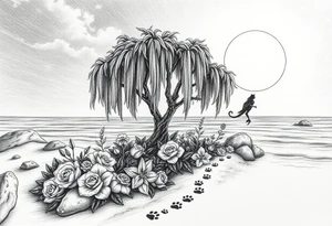 Sunset galaxy. Rocky Dark Ocean.  fairies, mermiads, dragons  weeping willow garden with roses and lilies flower beds,,  cat paw prints path in dirt. tattoo idea