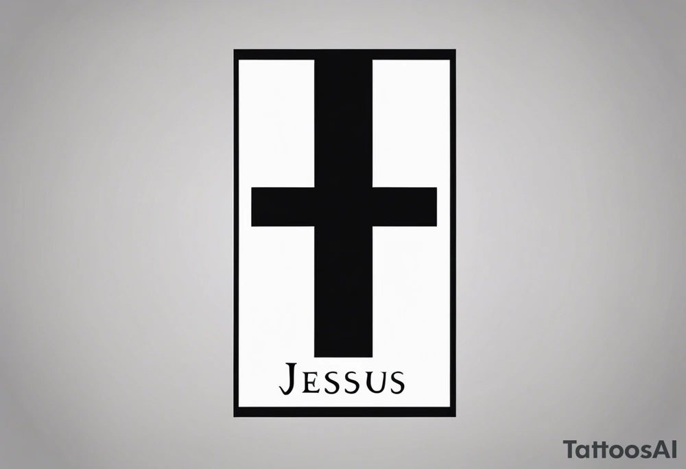 A simple black cross tattoo design with the word 'JESUS' written vertically in the center. The cross should be blocky and bold with sharp edges. The word 'JESUS' should be in uppercase block letters, perfectly aligned within the vertical line of the cross. The design should reflect simplicity and clarity, with strong, clean lines and no additional details or embellishments. tattoo idea