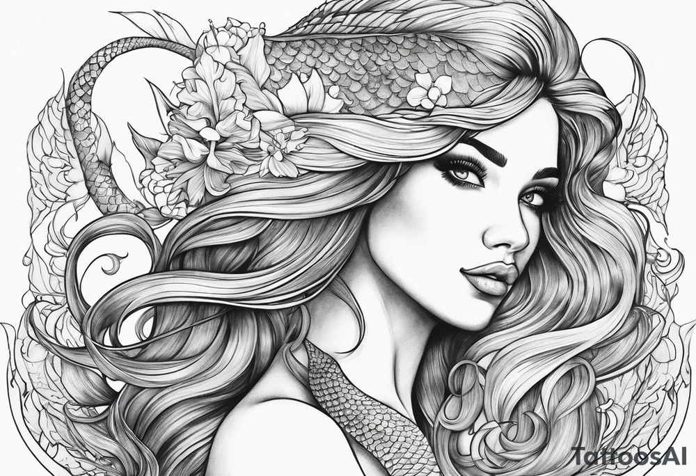 sexy goddess mermaid with flowing hair and long flowing tail with scales and tattoos tattoo idea
