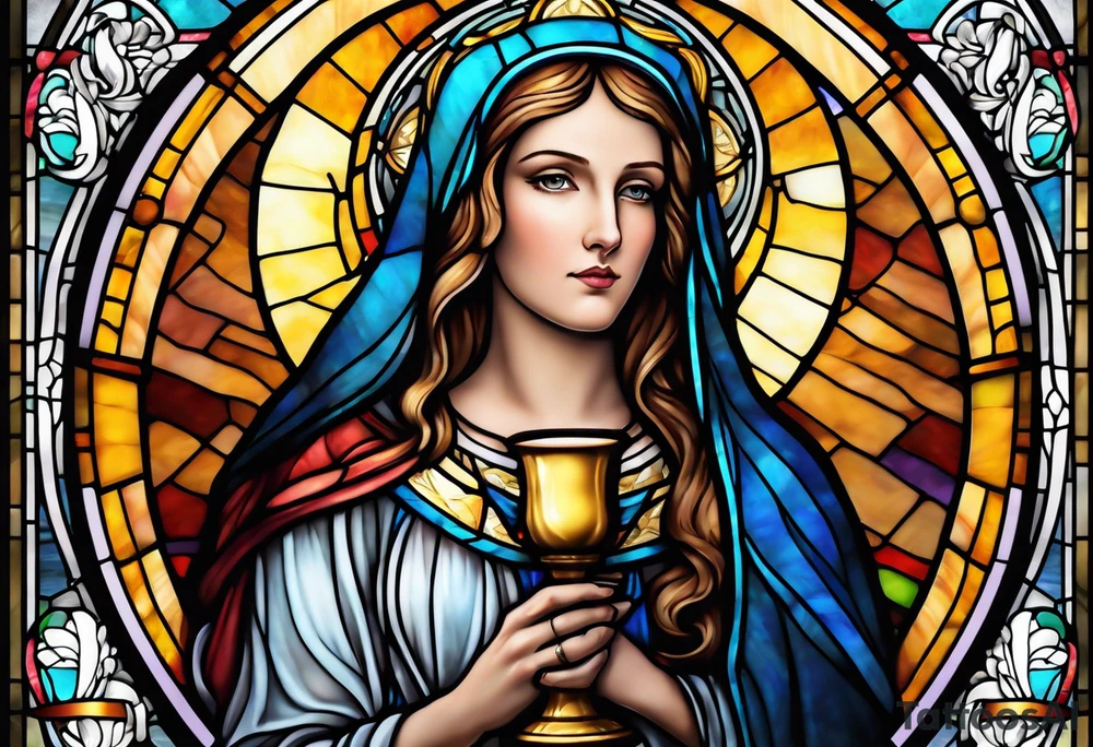 holy saint woman stained glass holding a chalice tattoo idea