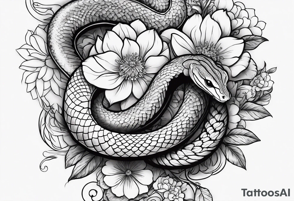 Japanese forearm snake and flower sleeve stencil tattoo idea
