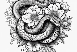 Japanese forearm snake and flower sleeve stencil tattoo idea