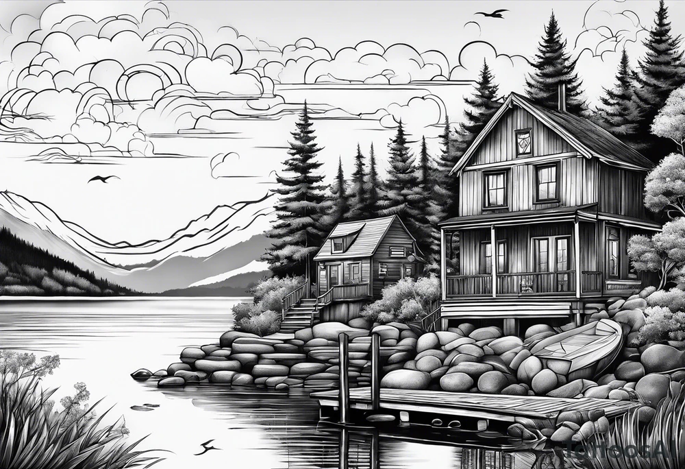 Lake view with wharf no home tattoo idea