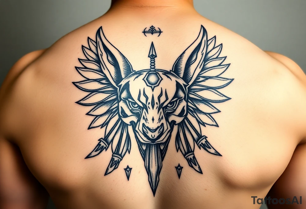 Egyptian Anubis god powerful face muscle in Egypt style dog face surrounded Egyptian symbols tattoo idea