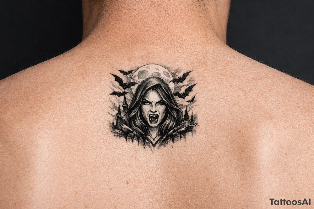 female vampire,bats,full moon. tattoo idea