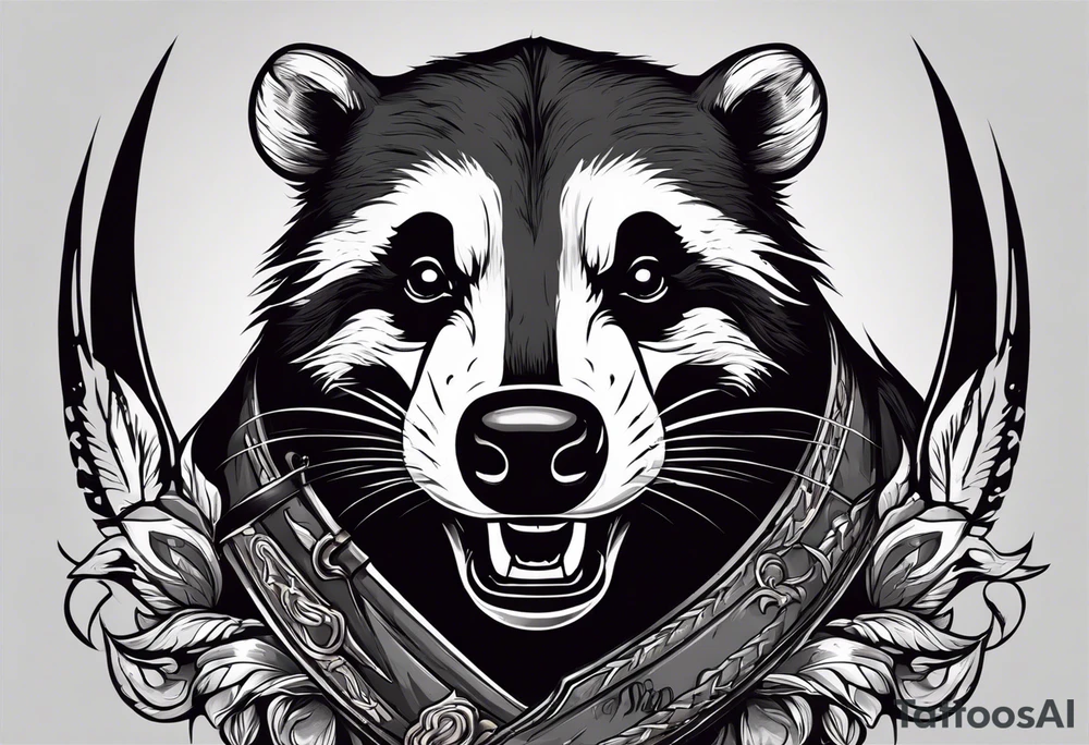 Draw me hunting badger with aggressive full body, killer face with a smile, very long nails and he attacks like a bloody gladiator to enemy and also, he has very deadly looking. The only weapon is his braveness he fights with his nails. Everybody scares after their first sight. And horror type Badger this is with a full body. tattoo idea