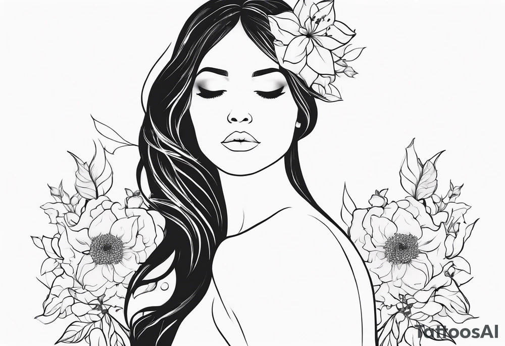 she is fire and flowers, feminist tattoo, strong but really delicate, fine lines. No face, silouette. Minimalistic, silouette only, fine lines, no face tattoo idea