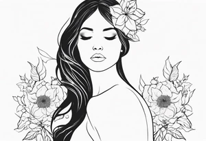 she is fire and flowers, feminist tattoo, strong but really delicate, fine lines. No face, silouette. Minimalistic, silouette only, fine lines, no face tattoo idea