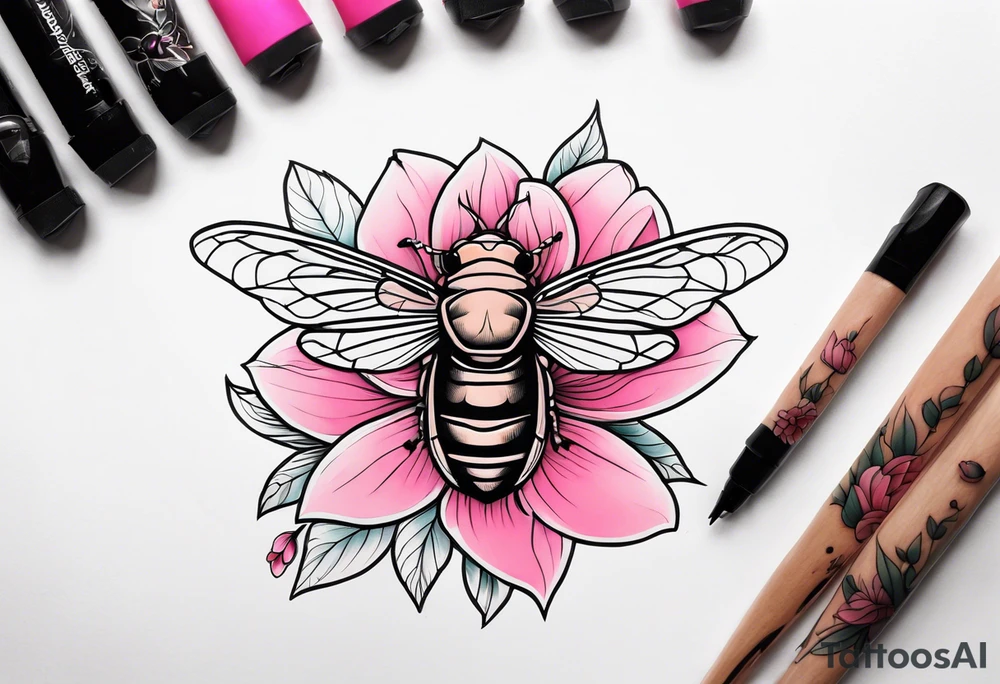 Neo traditional Cicada and pink flower tattoo idea