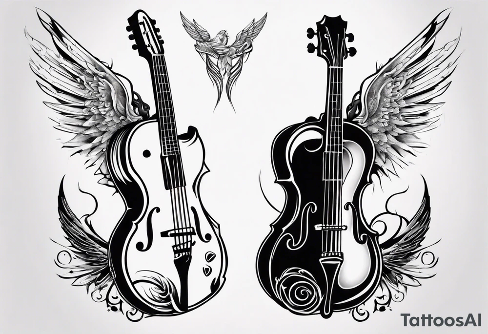 GUITAR AND VIOLIN LEANING AGAINST EACH OTHER
WITH ANGLE WINGS tattoo idea GUITAR AND VIOLIN LEANING AGAINST EACH OTHER
WITH ANGLE WINGS tattoo idea