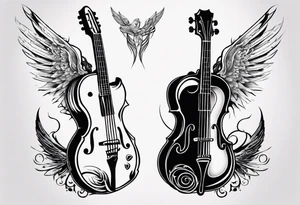 GUITAR AND VIOLIN LEANING AGAINST EACH OTHER 
WITH ANGLE WINGS tattoo idea