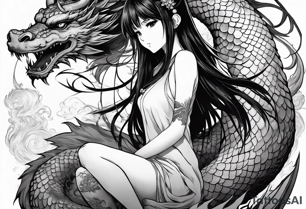 a full shot of an anime girl seen from far, sitting on a ball and surrounded by asian dragon with wings tattoo idea