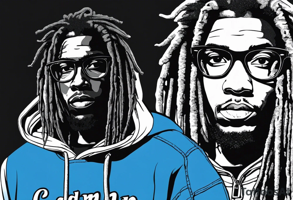 black well built teen with with a grey hoodie on and blue jeans with long dreads morphing 
into a blue wildcat in various spots on his body. I want his hoodie appear as if its been ripped in random places from the inside with I Carolina blue football jersey showing underneath that reads Camden tattoo idea