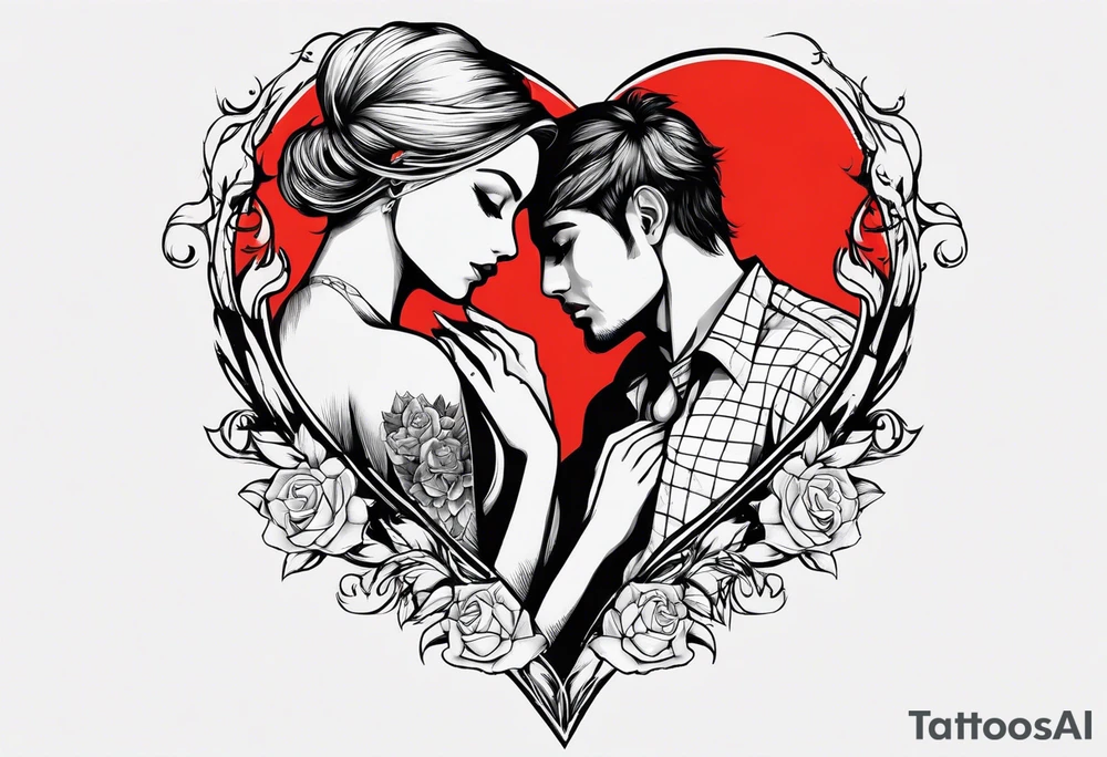 A girl with an empty heart and a guy with a burning heart. They stand back to back tattoo idea