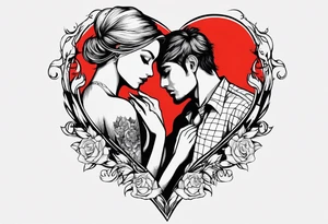 A girl with an empty heart and a guy with a burning heart. They stand back to back tattoo idea