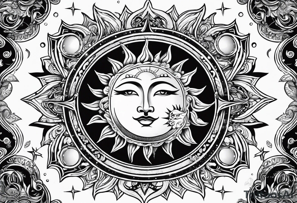 Sun moon and stars without facial features tattoo idea