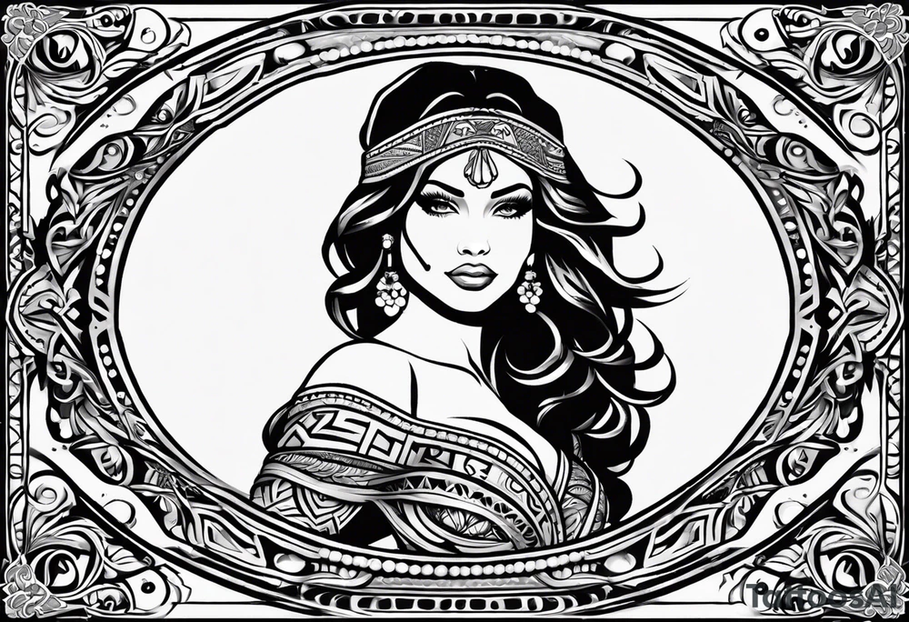 tramp stamp that says “hot wife” with neotribal line designs on each side tattoo idea