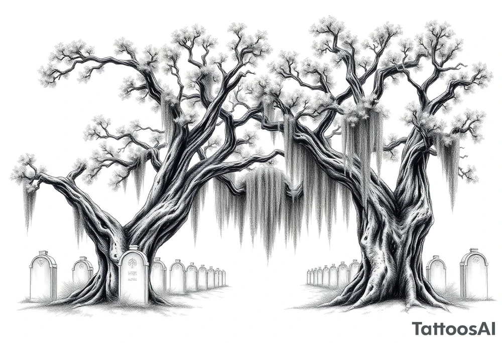 Laurel oaks with Spanish moss in a cemetery tattoo idea