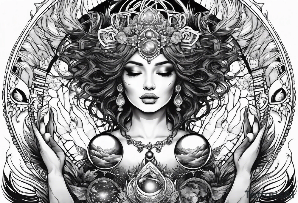 Gaia, hands outstretched over head , holding orb of creation above head tattoo idea