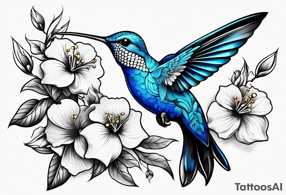 one solid blue hummingbird w/ dogwood flowers tattoo idea