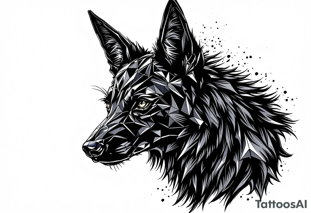 a creature that looks strongly like a black Labrador and a black German Shepard , resembling Anubis, with the tall pointy ears of a jackal, but the top of one floppy , looking back, serious and daring tattoo idea