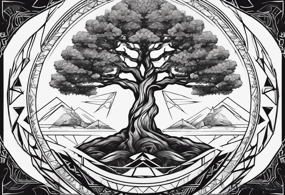 Yggdrasil tree with triangles set behind tattoo idea
