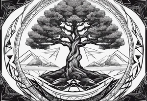 Yggdrasil tree with triangles set behind tattoo idea