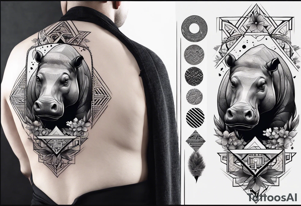 Very asymmetrical, +geometric pattern, with realistic full moon, with hippo at side look, +tribal, +geometric, +inkart , +blackwork, +grey scale, + sketch
with wintersweet flower bud, +inkart touch, +for men tattoo idea