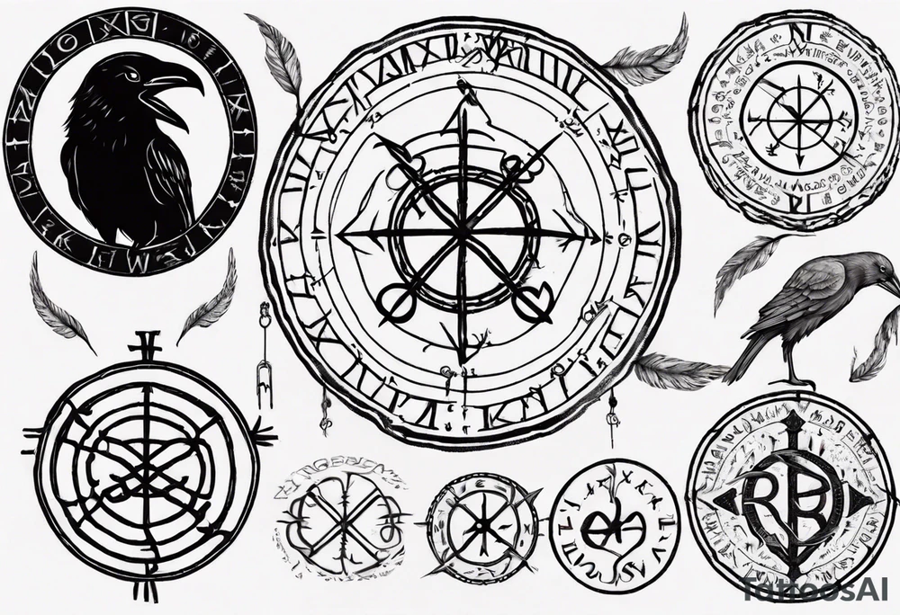 vegvisir with all who wander are not lost in runes around it and two ravens tattoo idea